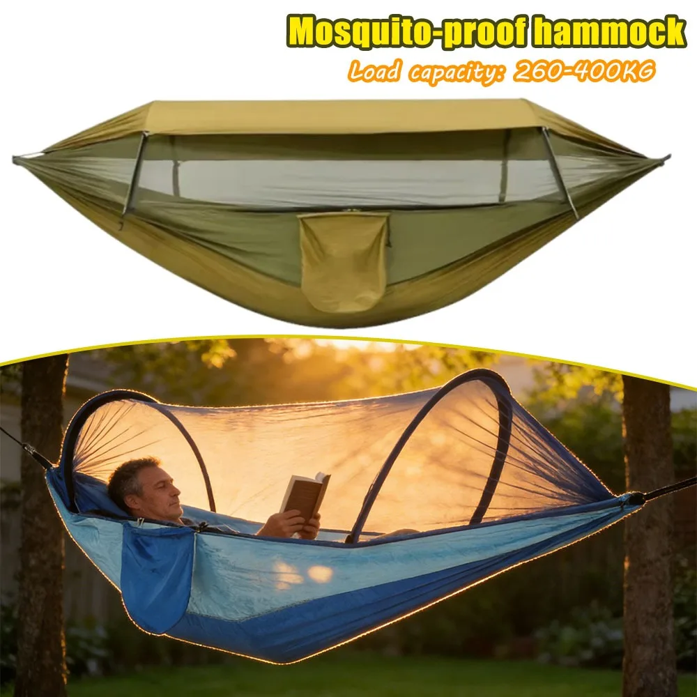 Outdoor Camping Double Hammock Automatic Quick Open Mosquito Net Anti Bug Anti Rollover With Pole And Sun Shade Cloth Kit
