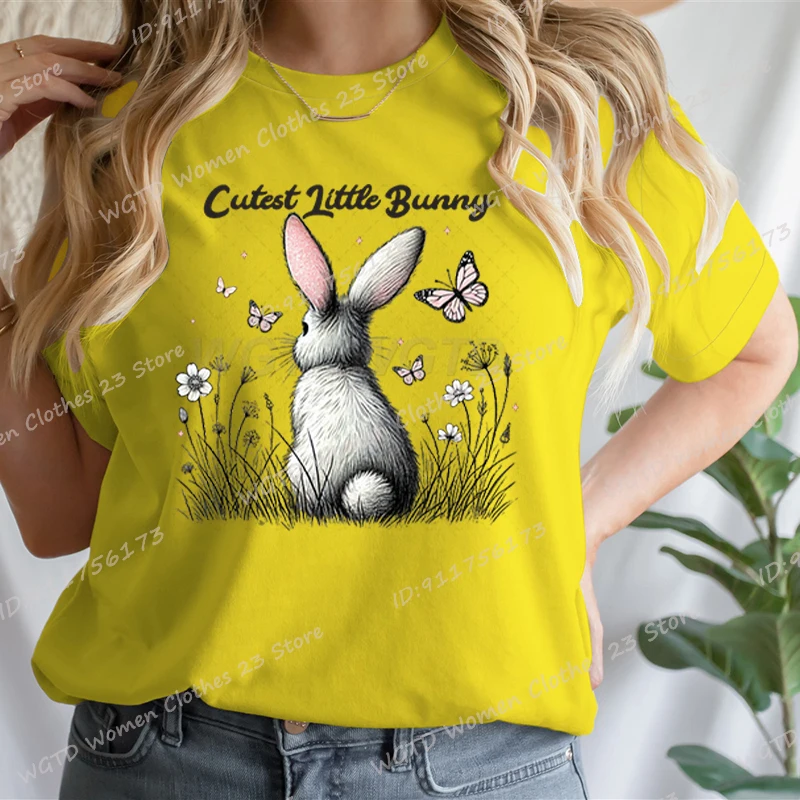 Easter Day Cutest Little Bunny Print T-shirts For Women Summer Short Sleeve Round Neck Loose T-Shirts Creative Personalized Tops