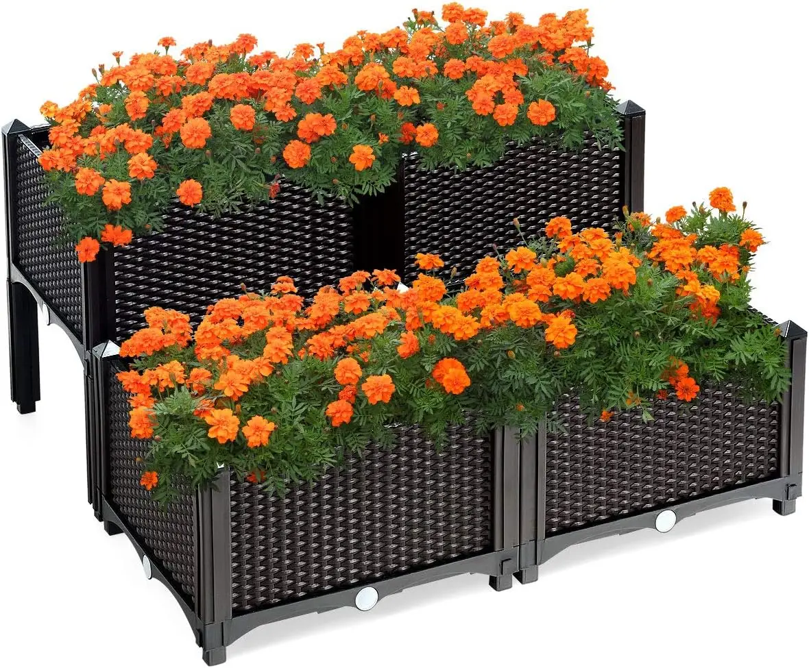 

Raised Garden Bed Set of 4, Elevated Planter Boxes with Drain Holes, Easy Assembly, Brown