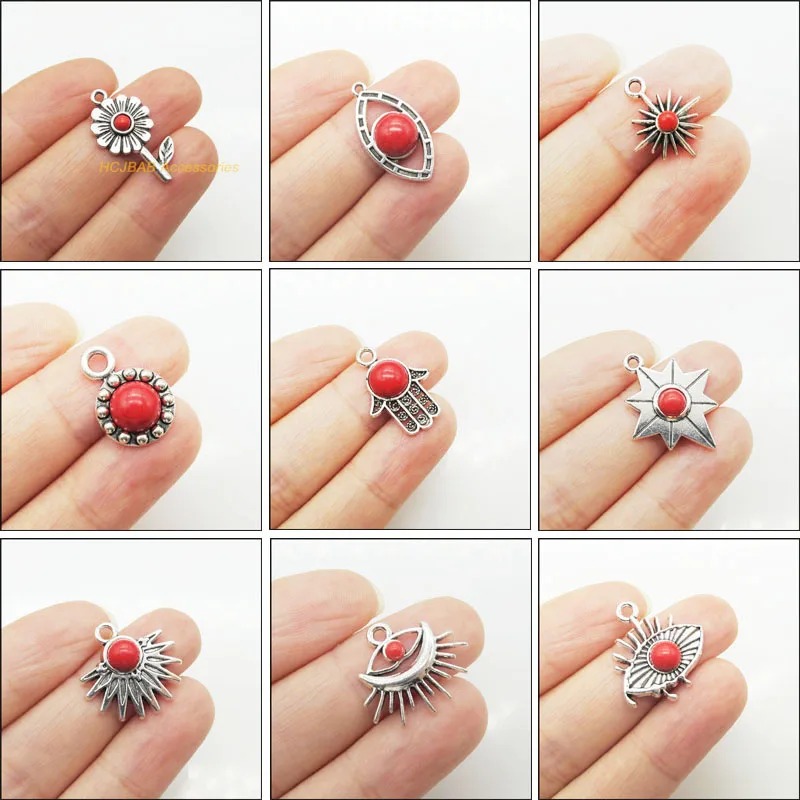 New Retro Palm Flower Eye Leaf Sun Charms Antiqued Silver Plated Red Turquoise Pendants For Gifts Jewelry