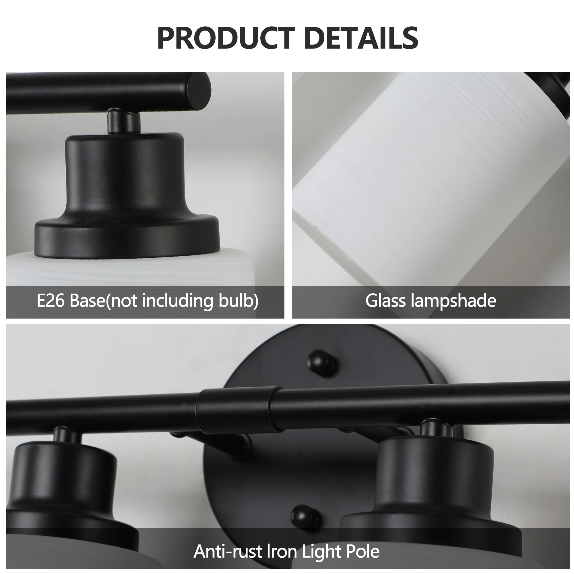 Modern 4-Light Vanity Bathroom Mirror Light, Frosted White Glass with Black Iron Frame(Bulb Not Included)