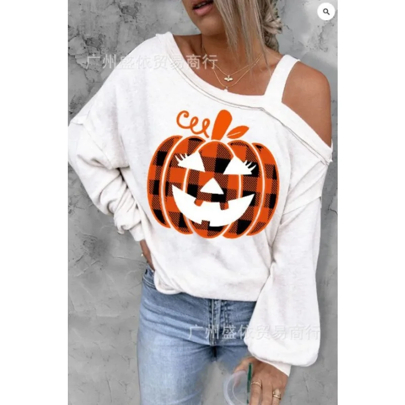 Woman Casual Off Shoulder Top Autumn & Winter Women\'s Fashion Clothes Halloween Christmas Pumpkin Print Thin Sweater for Women