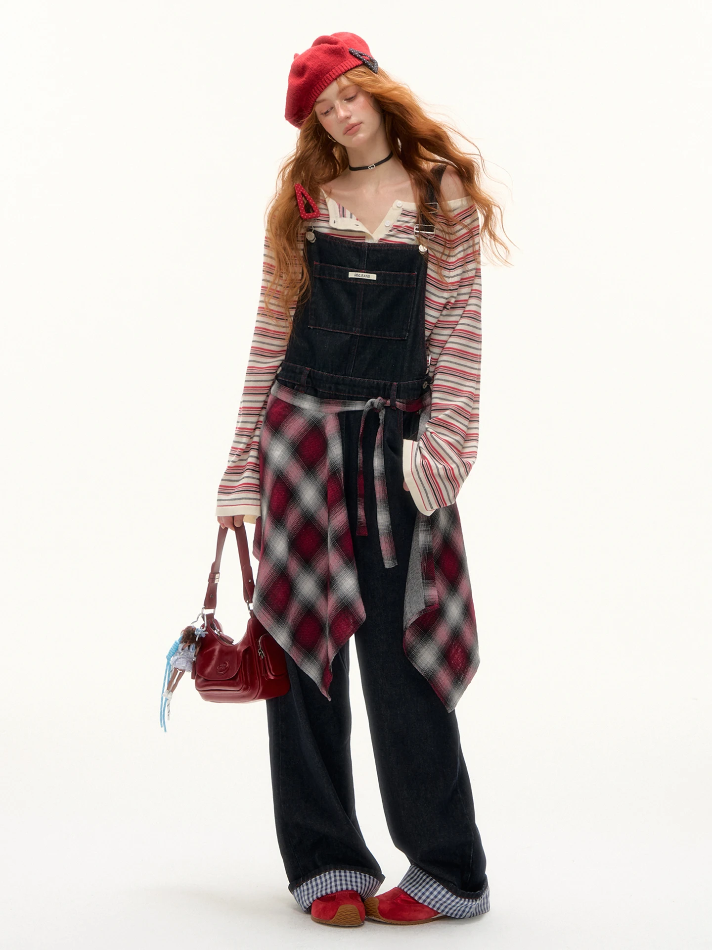 

Оригинальные синие широкие комбинезоны AsGony в американском стиле, свободного кроя, с цветными вставками и манжетами, красные широкие комбинезоны свободного кроя