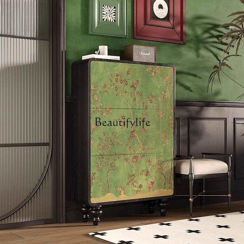 American retro green flower and bird tipping bucket shoe cabinet home door multi-layer simple