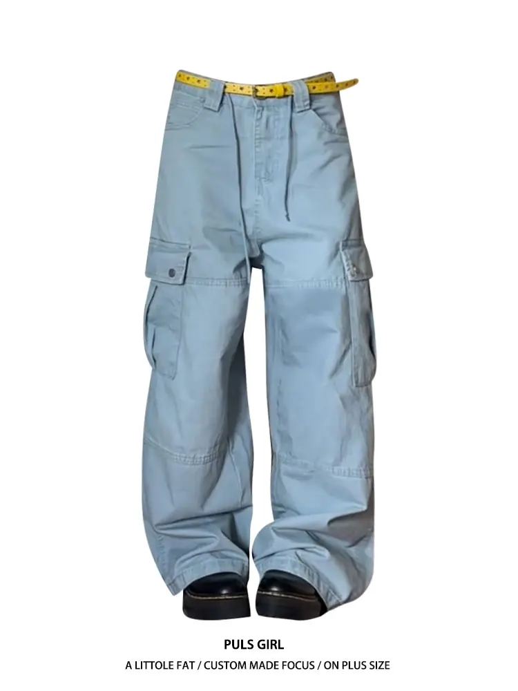 

Loose Wide Leg Workwear Denim Jeans Women's High Waist American Style Streetwear Washed down Multi Pocket Casual Trousers