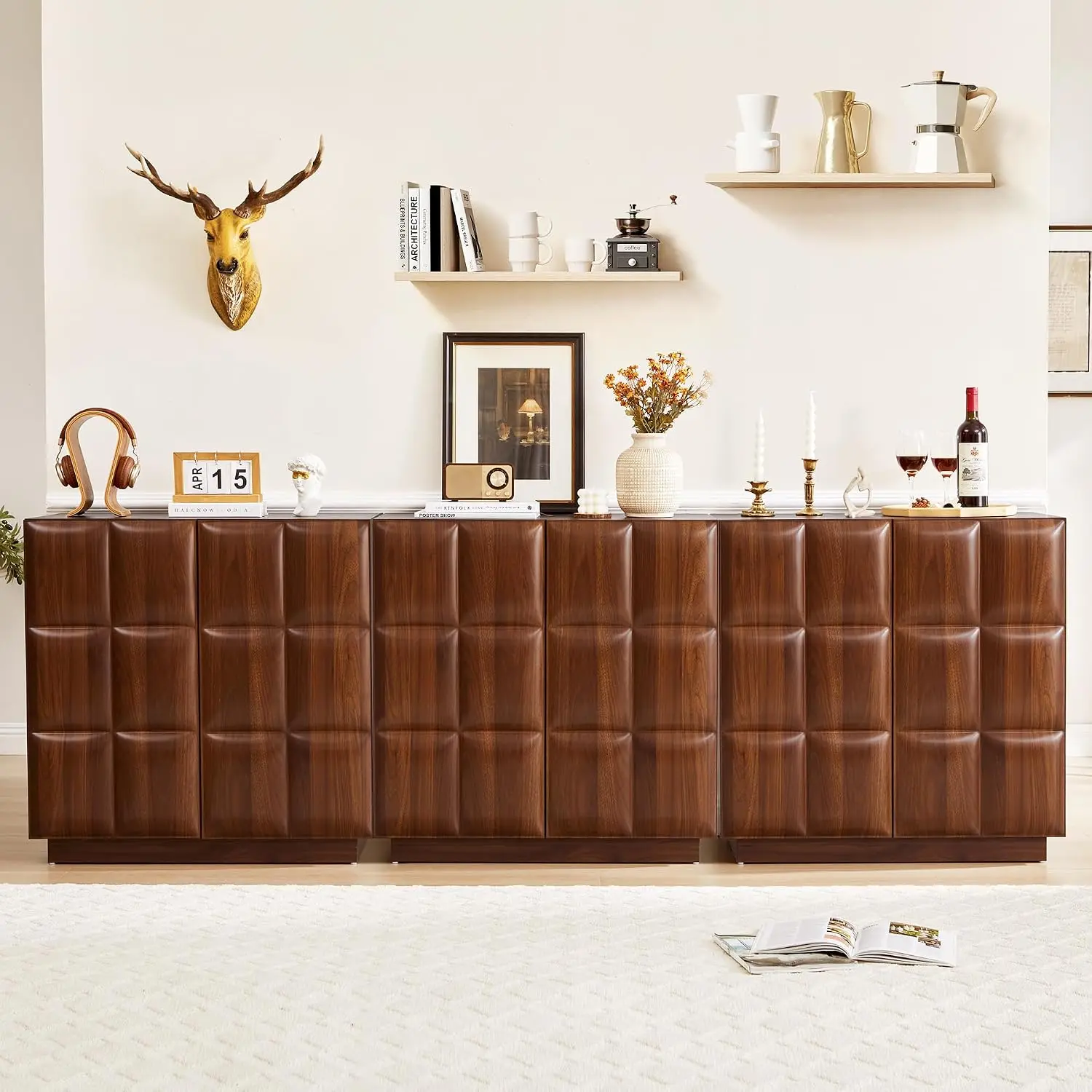 Mid Century Sideboard with 2 Doors & Plaid Pattern, Wood Storage Cabinet for Living & Dining Room, Walnut 3 PCS, Customized