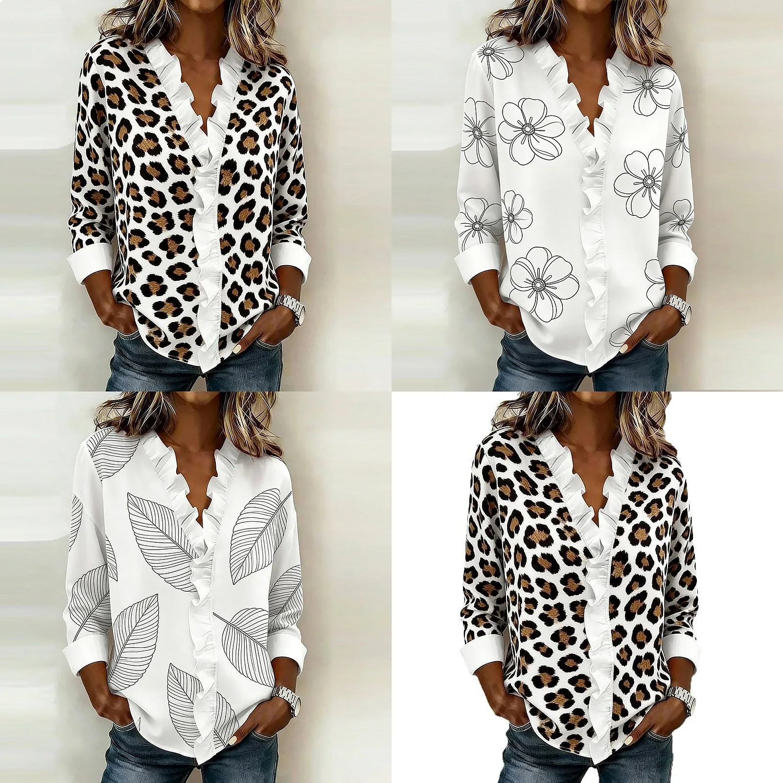 

Spring Summer Blouse Shirt Tops Contrast Leopard Print Ruffle Collar Casual Blouses