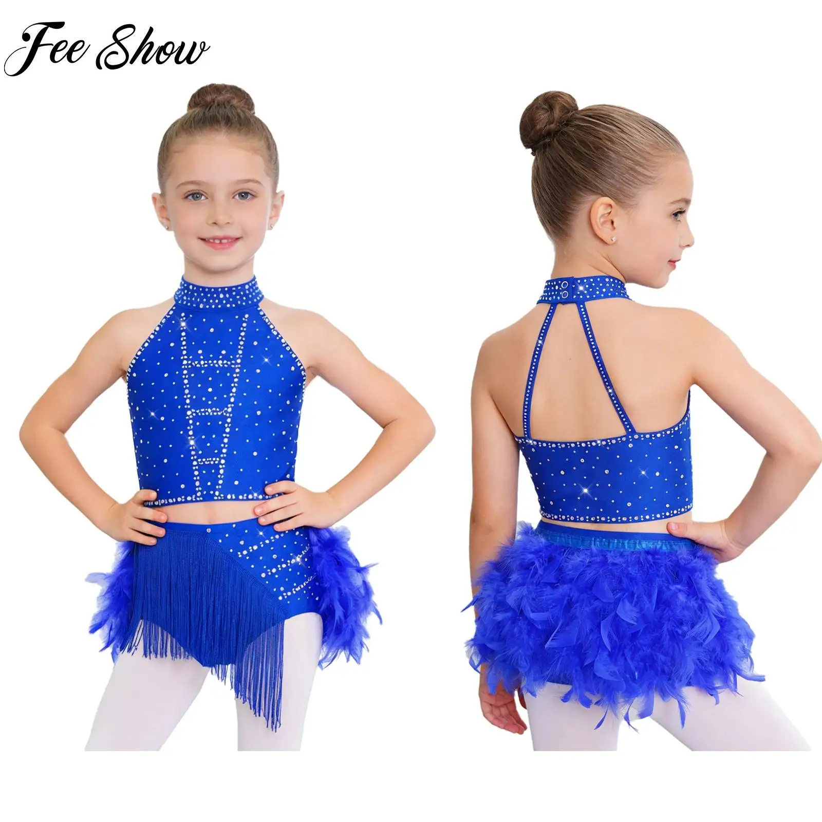 

Girls 2-piece Latin Dance Outfit Kids Tassels Feather Skirts Tops Suit Teen Samba Rumba Chacha Performance Competition Dancewear