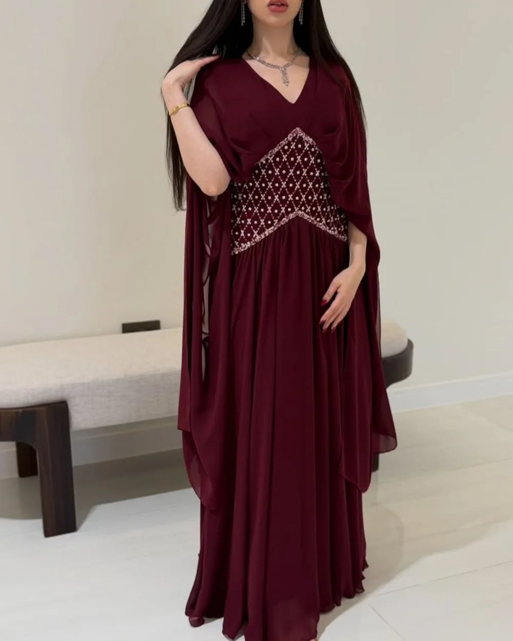 

Customized High Quality Fashion Chiffon Rhinestone Beading A-line V-neck Long Dresses Bespoke Occasion Dresses Sizes Available