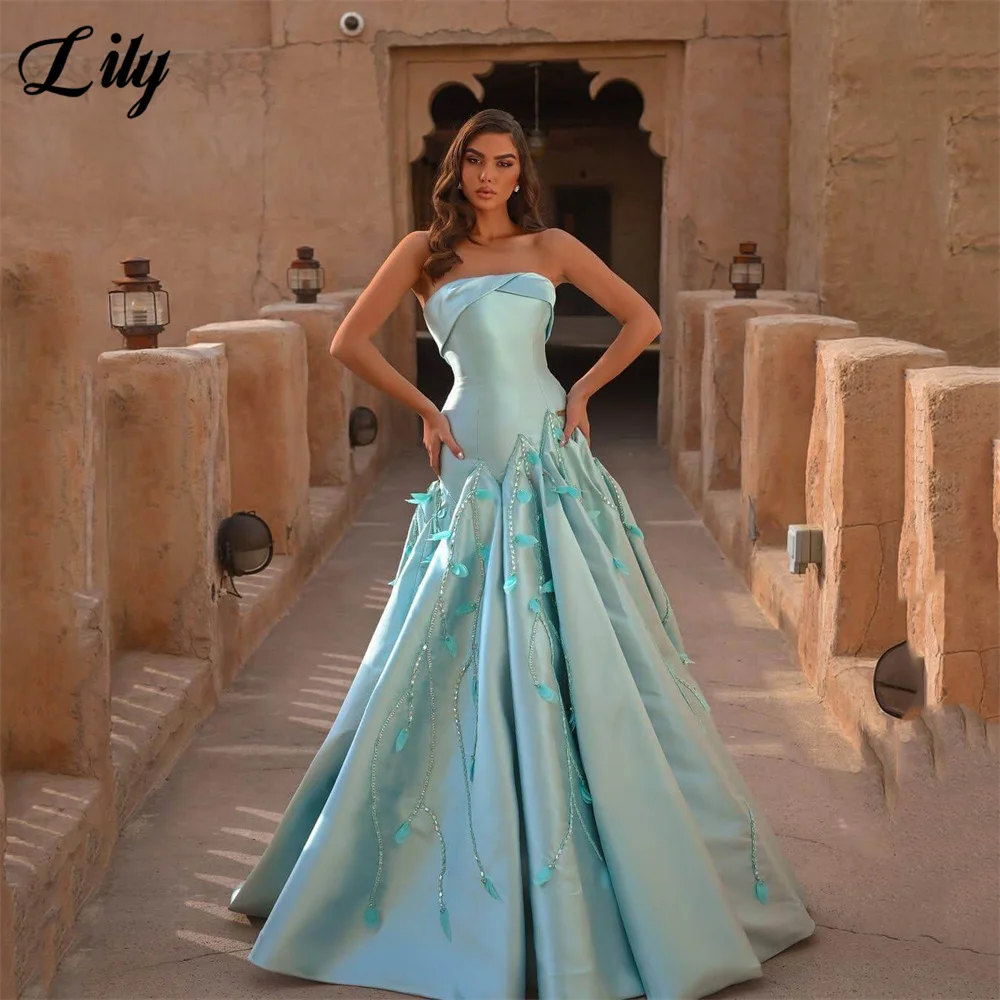 Lelieblauwe avondjurk A-lijn galajurk Mouwloos Feest Formele jurk Staaflijst en veren robe de bal voor dames op maat