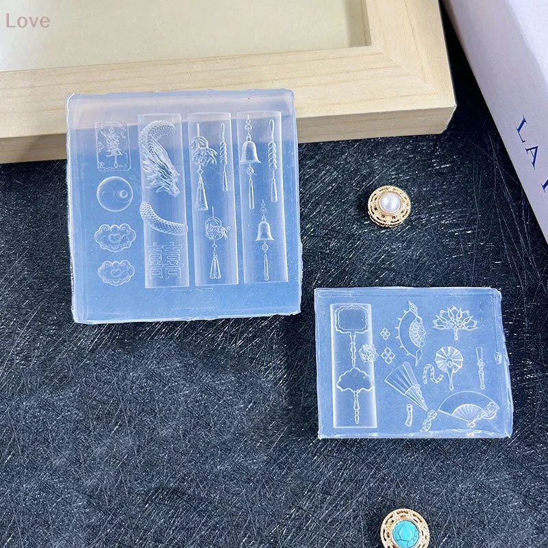 Moule à ongles en Silicone de Style chinois 3D, Dragon exquis, pièces de monnaie en cuivre, cloches, boutons, nœuds chinois, moule en éventail Transparent pour Nail Art