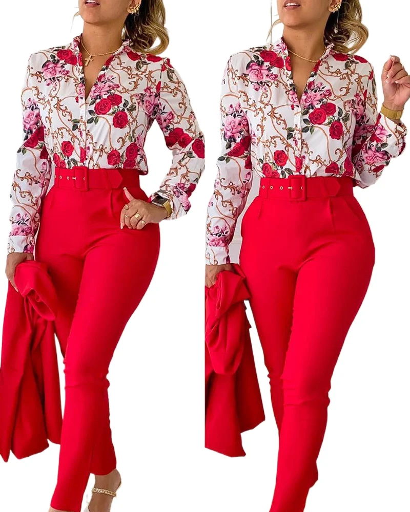 

Casual Long Sleeve Shirt Pants Set Office Lady Fashion Elegant V Neck Floral Print Trousers Two Piece Set Women Outfit 2023