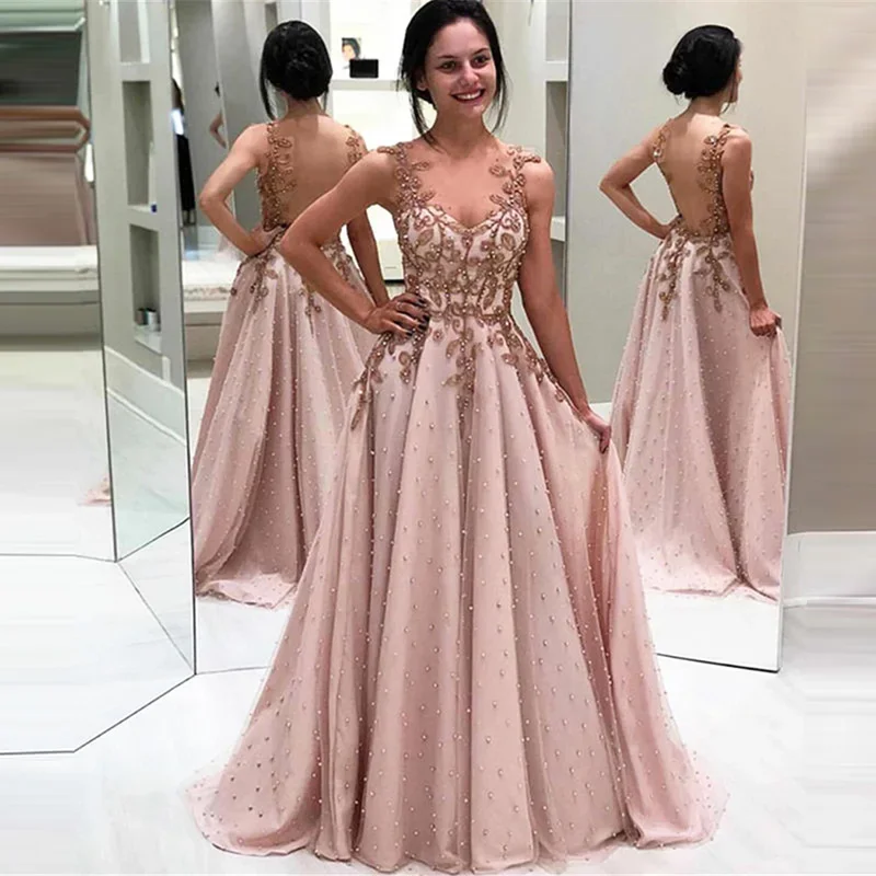 

Sexy Backless Evening Dress Long Elegant Beaded Pearl Tulle Appliques Evening Gowns Illusion A Line Formal Party Dress