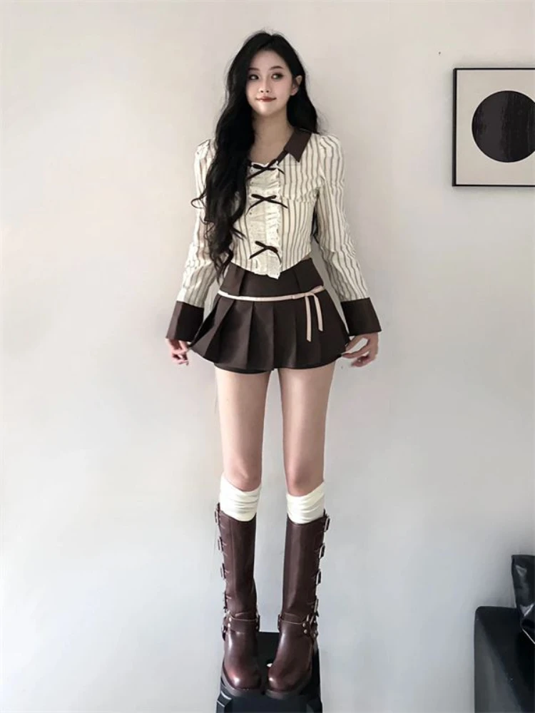 Y2k Harajuku Gyaru Matching Sets Striped Long Sleeve Crop Tops High Waist Pleated Mini Skirts Autumn Design  Women's Clothing