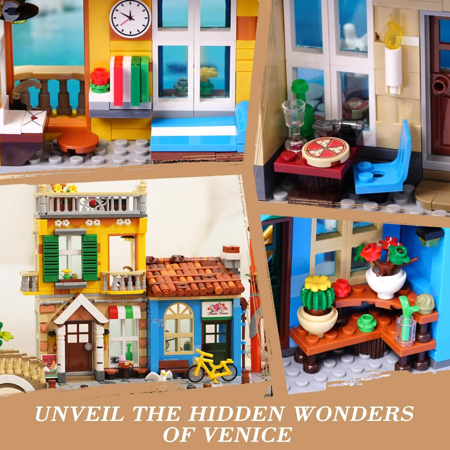 مجموعة بناء الشوارع الرئيسية من فينيسيا للبالغين - منزل ريفرسايد مع متجر زهور LED بيتزا ديكور منزلي من الطوب المعماري