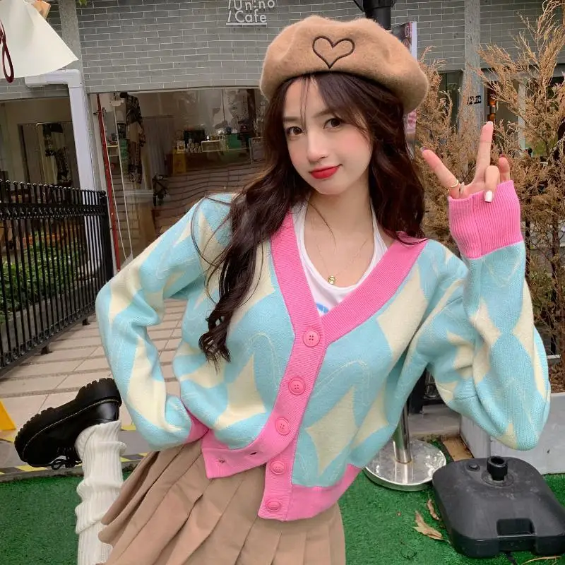 

Милый контрастный цвет Argyle вязаный кардиган женский осенне-зимний укороченный топ с v-образным вырезом и длинными рукавами модный шикарный свитер пальто