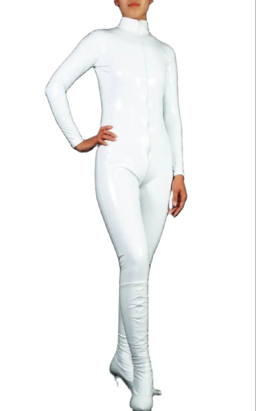 Wykonane na zamówienie kobiety Sexy PVC Zentai kombinezon przebranie kombinezon bez stóp (bez butów) dla impreza z okazji Halloween zamek błyskawiczny z przodu do bioder