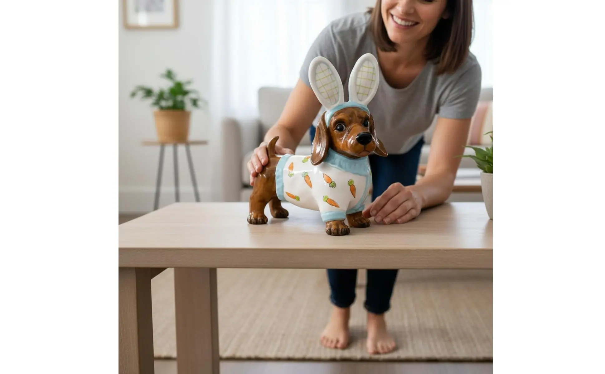 Dachshund Hare Statue Holiday Themed Dog in Hare Costume Statue Resin Wiener Dog Sculpture Lasting Color House Decoration