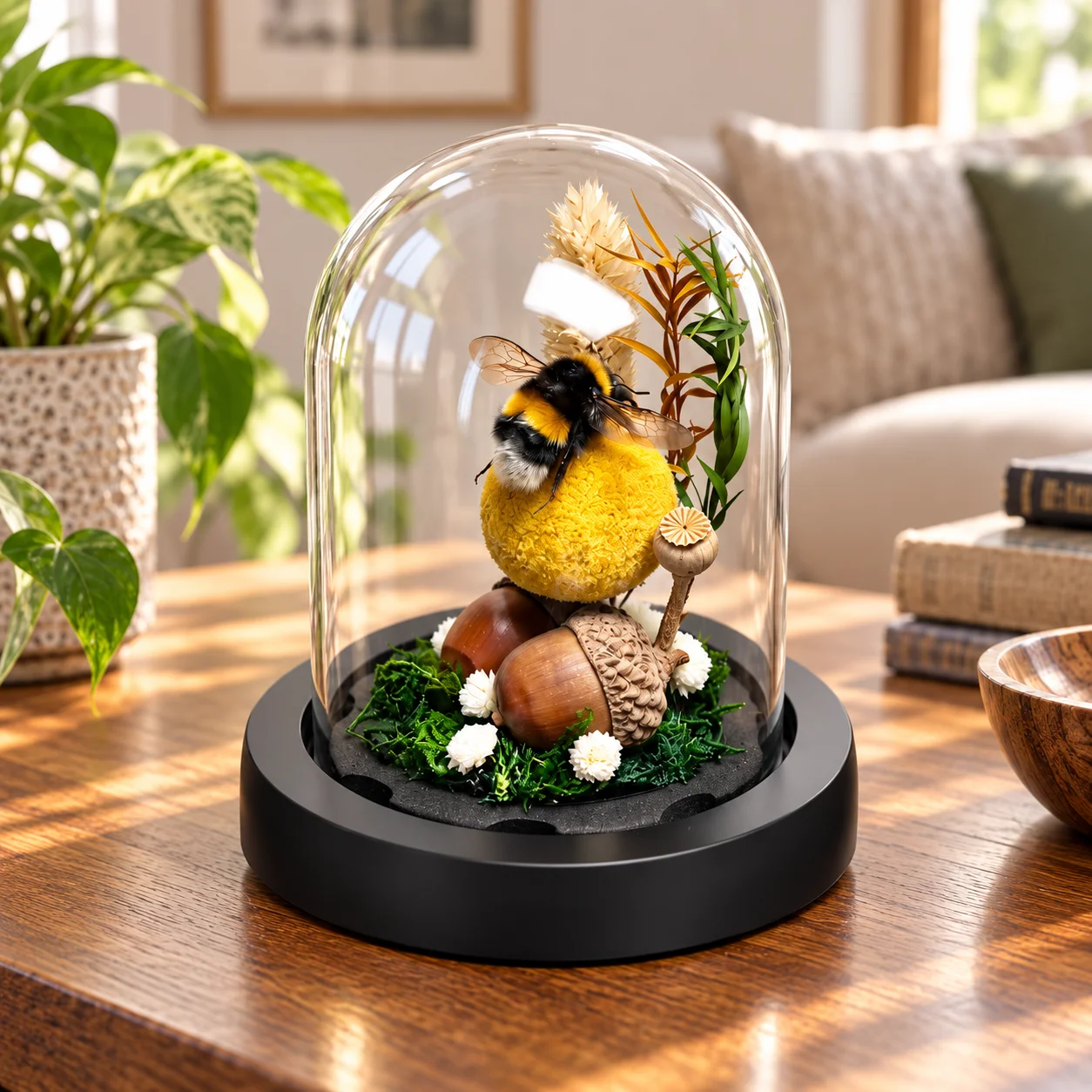 Chonky Queen Bumble Bee Handmade Art Ornament Glass Dome Home Decor Unique Gift for Table Shelf Display