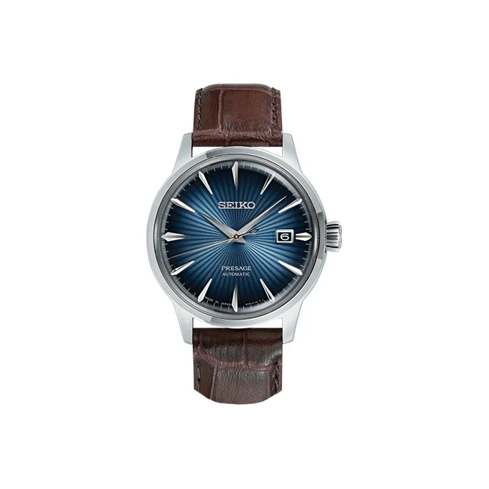 Reloj de hombre con movimiento mecánico SEIKO, correa de cuero de vaca, esfera azul, modelo SRPK15J1.