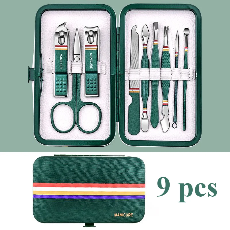 Green 9-19 Pcs Manicure Set With Idea Packaging Professional Foot And Face Care Tool Kits Stainless Steel Nail Clipper Sets Gift