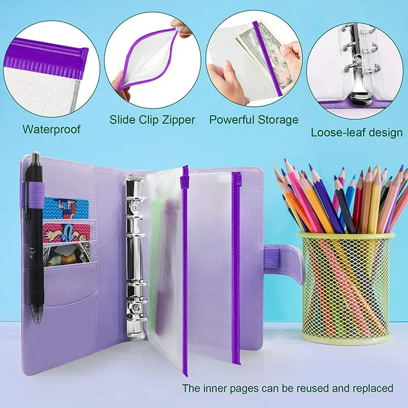 A5 A6 Binder Budget Planner Notebook Covers Folder Colored 6 Hole Binder Pockets Plastic Binder Zipper Money Saving Envelope