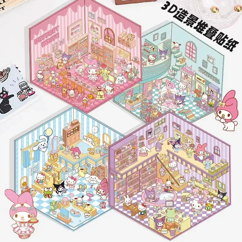 Sanrio hello kitty kuromi kuromi kawaii 3d estereoscópico diy cena em miniatura sobremesa casa brinquedos infantis adesivos atacado