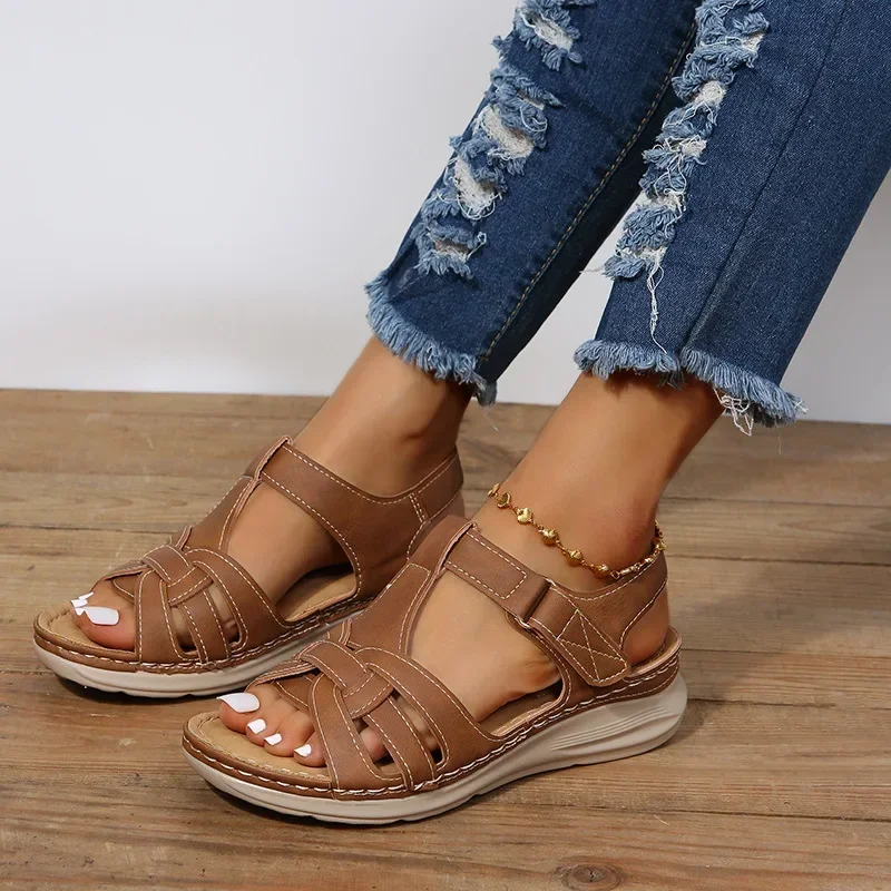 Rome Women's Sandals Spring Fashion Retro Crossover Women's Sandals with Light Soft Sole Wedge Comfortable Sandals for Women