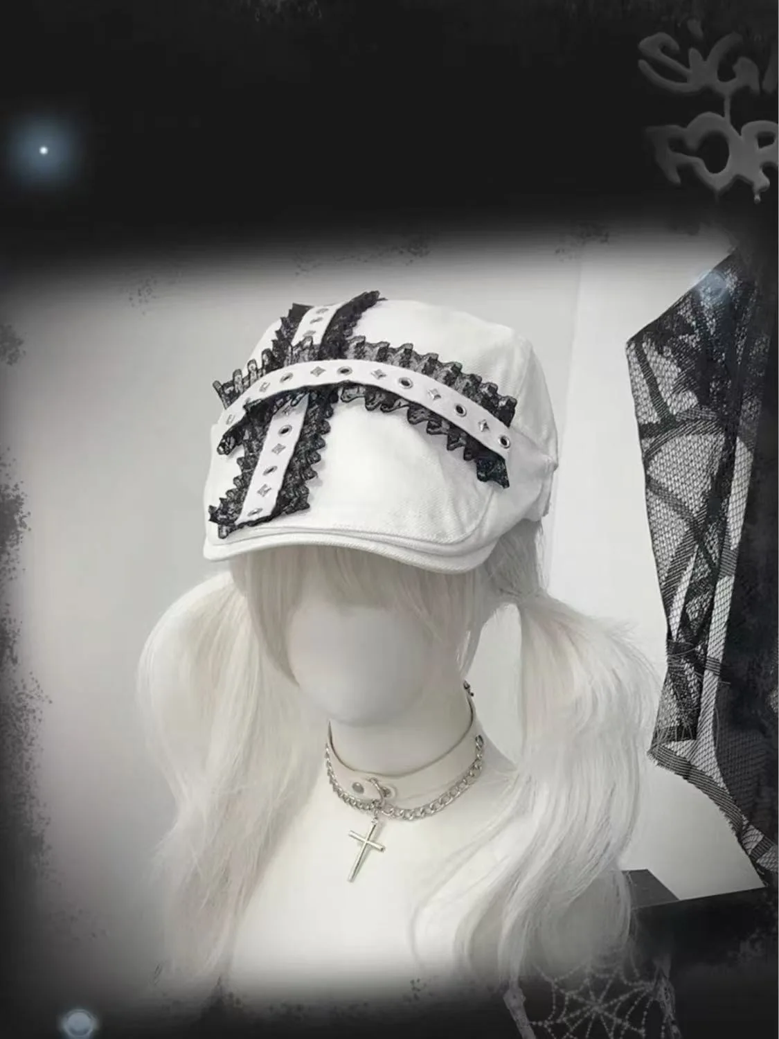 Lolita Girl Harajuku Gothic Punk Subculture Lace Beret Black/White Panda Hat Summer Shade Y2K Sweet Cool Cap
