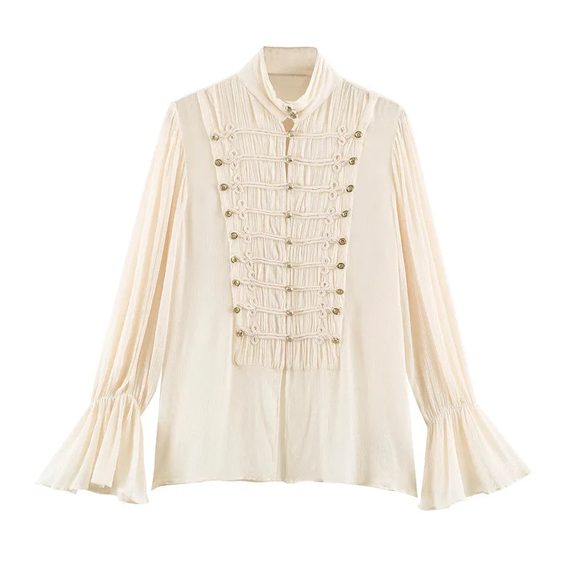 NINE ZAR Women's Long Sleeve Shirt Metal Button Gathered Pleated Lace Sleeve European Style Stand Collar Back Buttoning Resis...