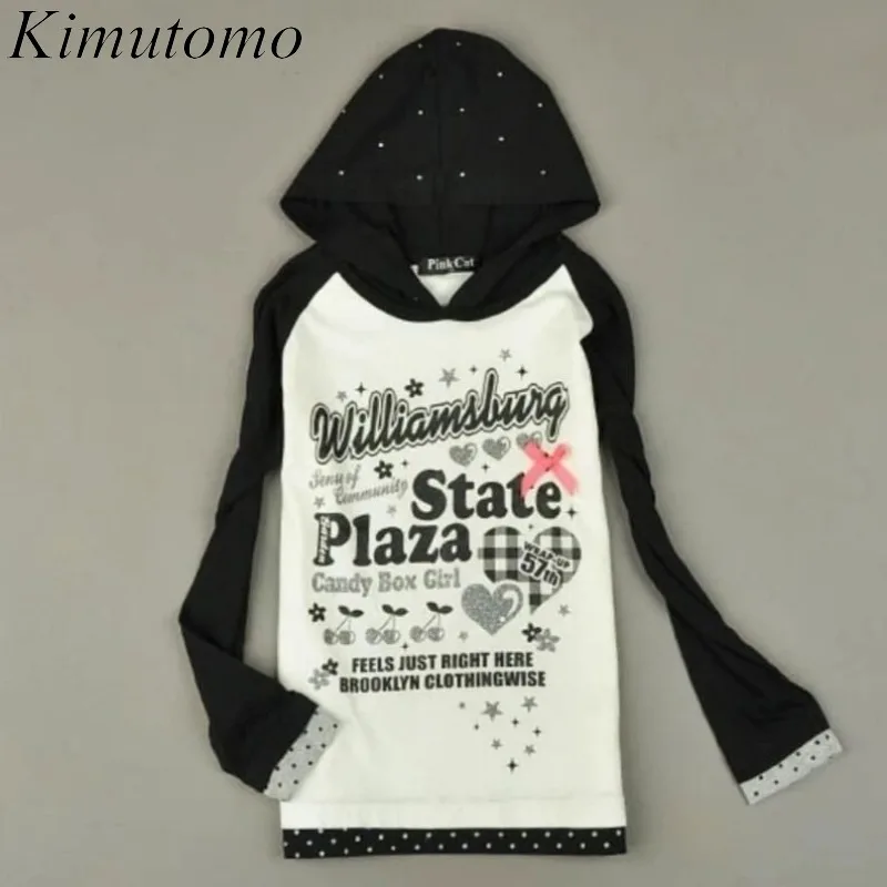 Kimutomo Hoodies Women Fake Two Pieces Letter Print Y2k Aesthetic Patchwork Wave Point Grunge Tops Contrast Vintage Sweatshirts