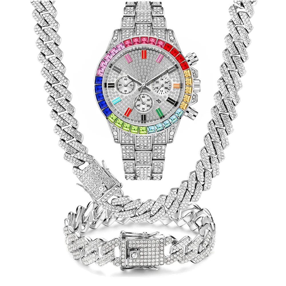 3PCS Watch for Men Women Luxury Wistwatch Necklace Bracelet Jewelry Set Bling Gold Silver Multicolour Diamond Cuban Chain Clock