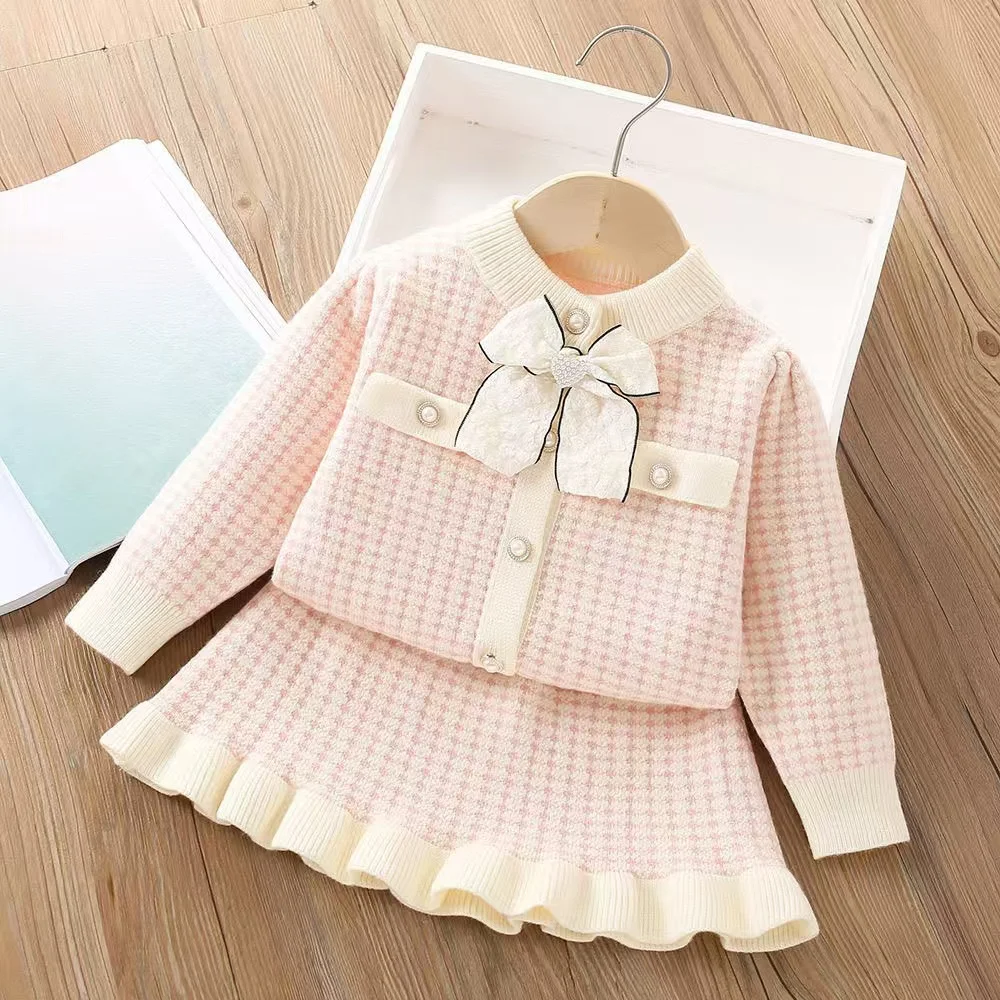 

Winter Children's Top Princess Skirt Two Piece Set Girls' Casual Girls' Elegant Hujie Butterfly Knitted Cardigan Two Piece Set