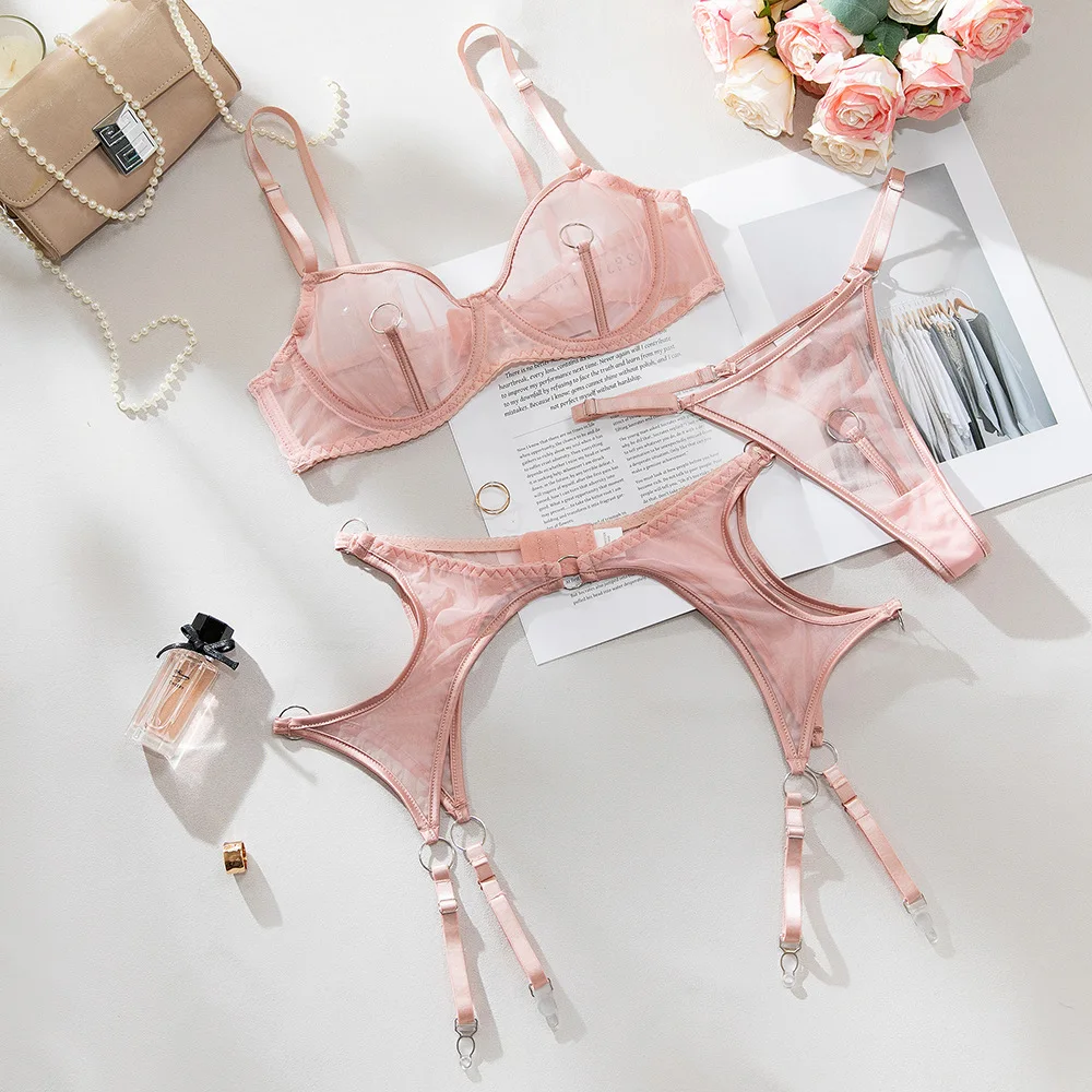 مثير منظور جمع شبكة الصدرية الملابس الداخلية النسائية مرونة عالية الملابس الداخلية مجموعة مع حلقات الثدي الإناث مجموعات الملابس الغريبة #6
