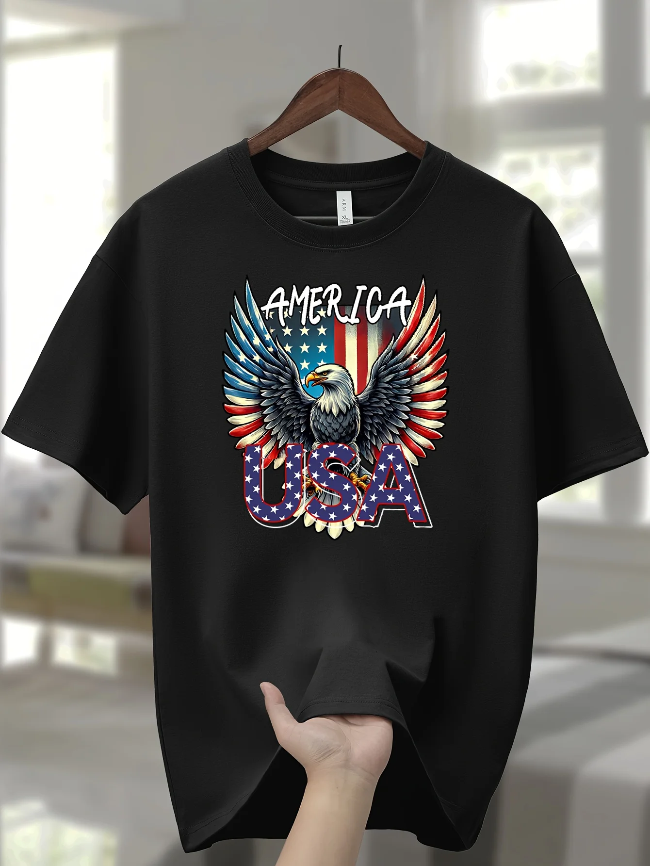 

Мужская футболка с патриотическим рисунком из 100% хлопка — принт с американским флагом «Орел и США», повседневный спортивный стиль с круглым вырезом и коротким рукавом