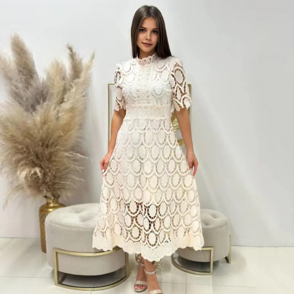 

Ankle-length Dress Commuting Dress Elegant Stand Collar Summer Midi Dress for Formal Occasions Parties Solid Color