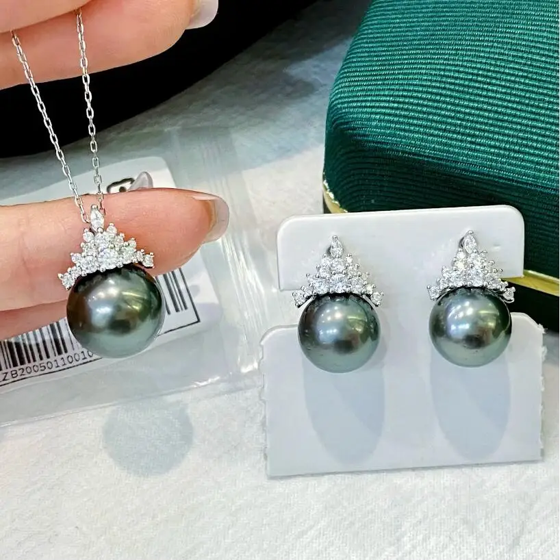 gorgeous set of  10-11mm south sea black round pearl pendant  earring 925s