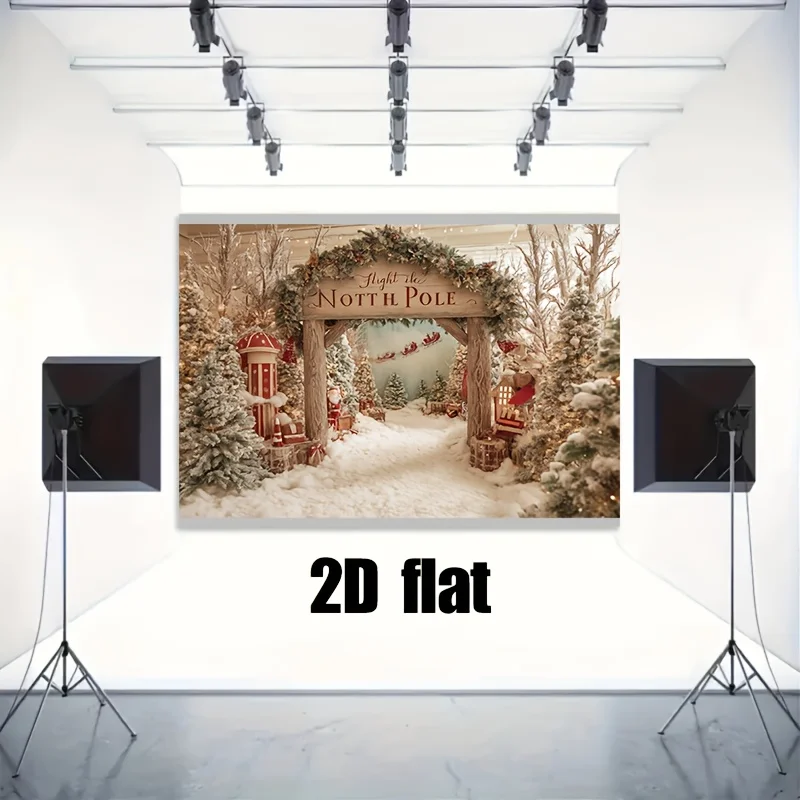 2D flat 1pc winter Wonderland Christmas Arctic Village scene polyester background fabric, Christmas decoration view 3