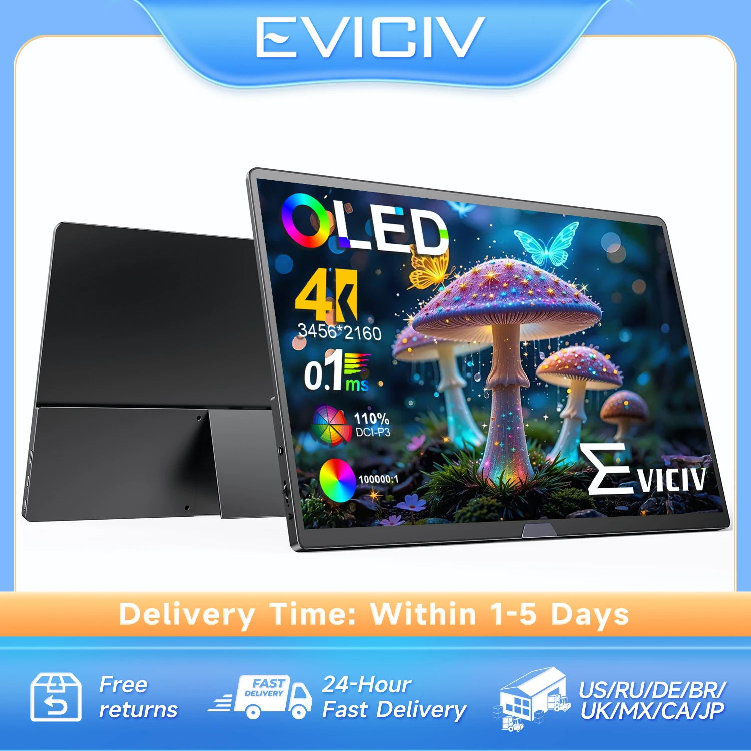 EVICIV 4K OLED Portable Monitor 15.6" 110%DCI-P3 500Nits Gaming Display for Laptop Mac PC XBox Switch External Mobile Screen