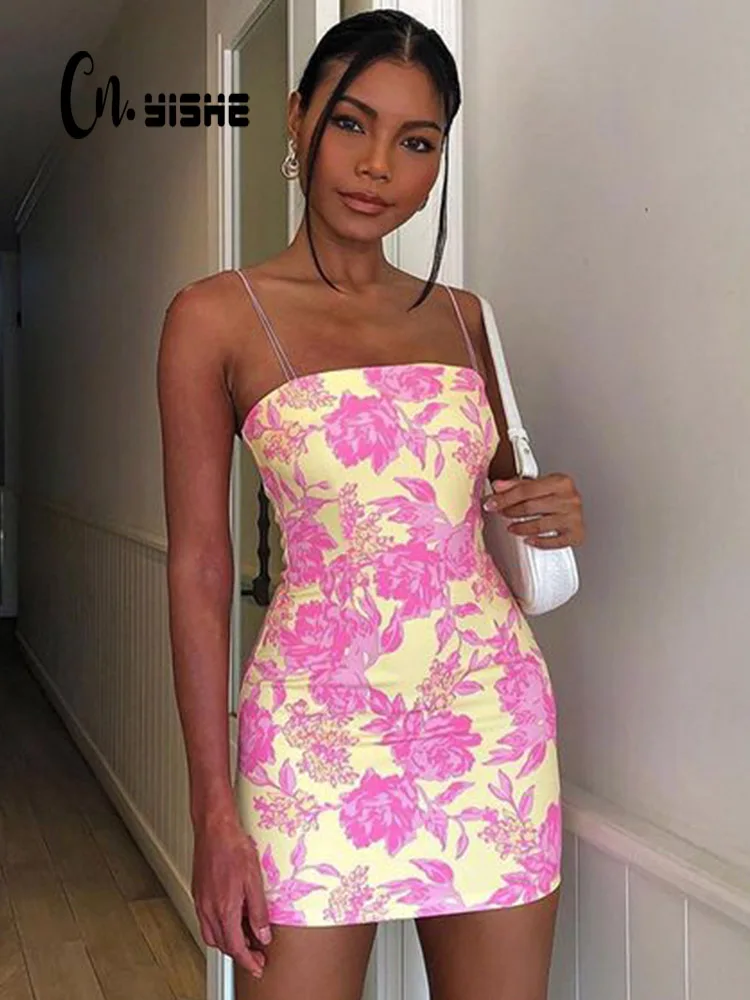 

Cnyishe Sexy Club Flower Printed Mini Dresses Women Fashion Strap Spaghetti Strapless Slim Sheath Bodycon Vestidos Robes Female