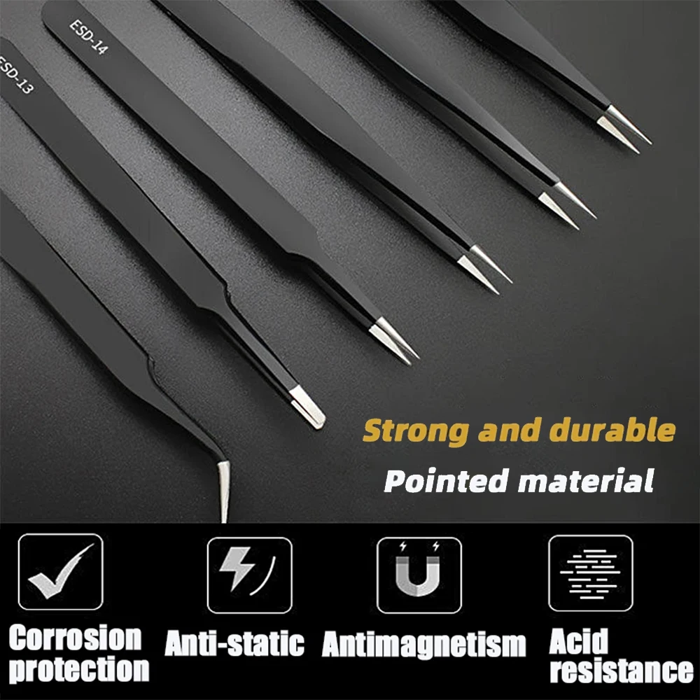 KATWAY ESD Anti-Static Stainless Steel Tweezers Set Curved Straight Tweezers Industrial Maintenance Electronic Repair HH-AA04