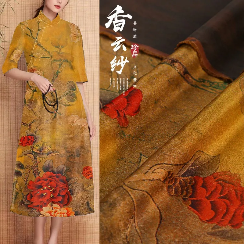 New heavy satin silk Xiangyunsha Chinese-style printed fabric for cheongsam skirts