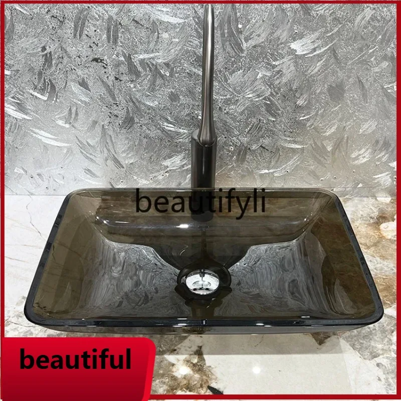 

f156 Tempered gla countertop basin, simple wash basin gray coffee square