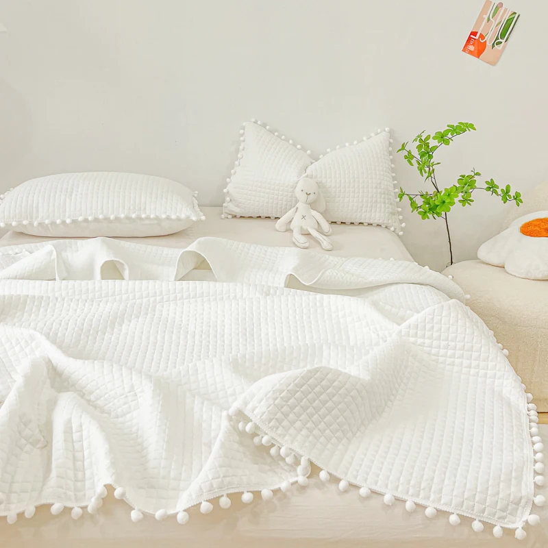 INS Style White Ball Edge Quilted Quilt Blanket Bedspread Washed Solid Color Korean Princess Style Summer Thin Quilt 1/3Pc