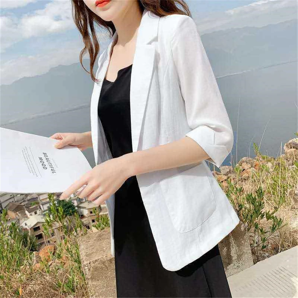 Cotton Linen Blazers Women Summer Thin Korean Casual Slim Three Quarter Sleeve Suit Coat Elegant Simple Ladies All-match Outwear