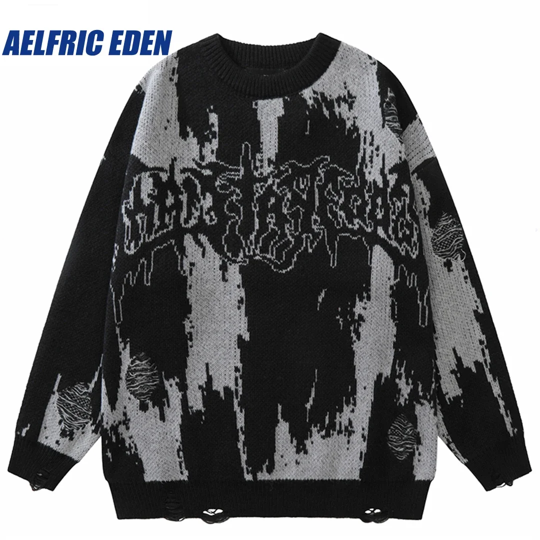 

Aelfric Eden Distressed Vintage Letter Graphic Knitted Sweater 2023 Men Streetwear Ripped Sweater Retro Hip Hop Pullover Sweater