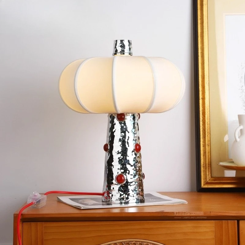 Nordic Conical Silvery Resin LED Table Lamps Fabric Lampshade Living Room Bedroom Study Office Rotundity Agate Stone Desk Lights