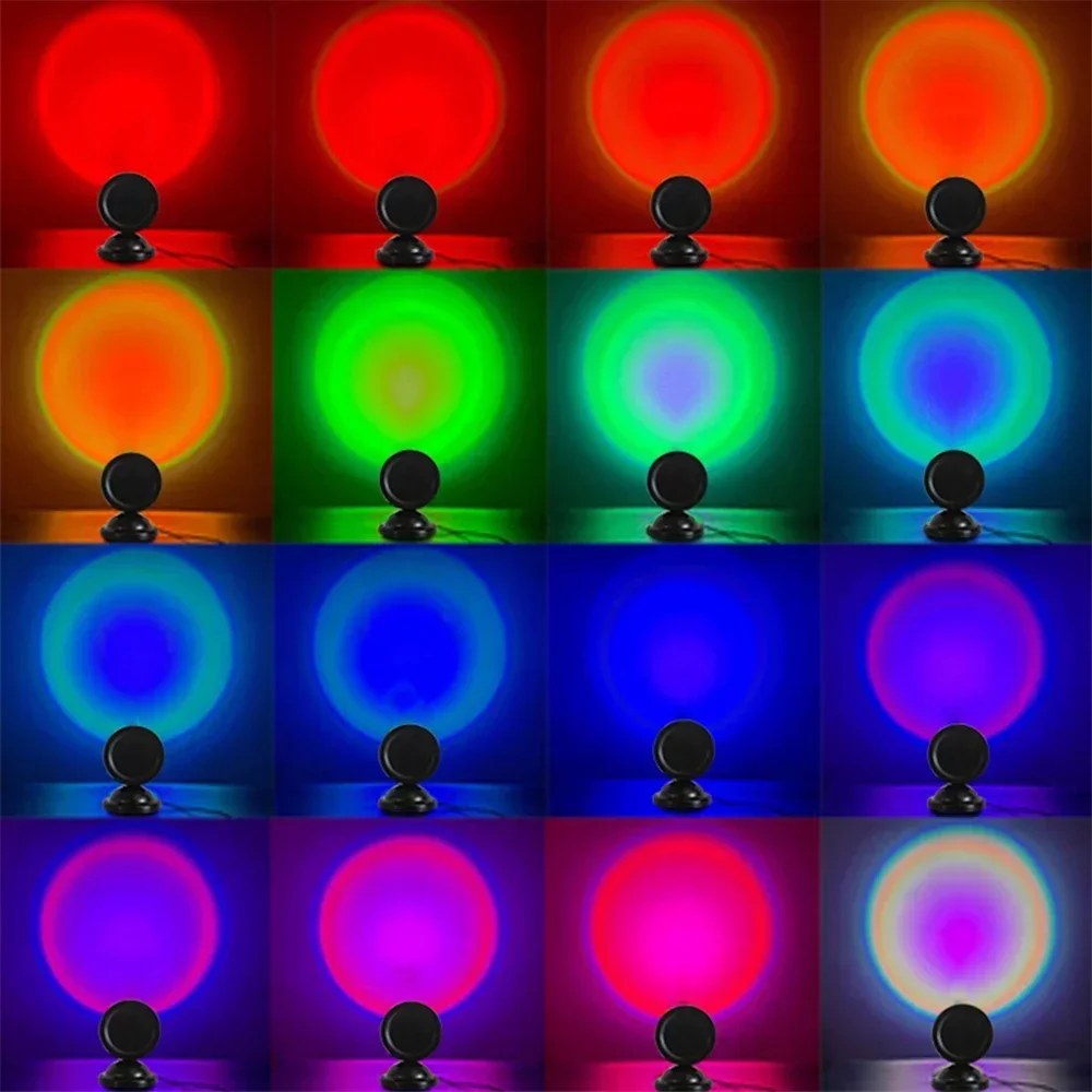 Mini USB Sunset Lamp, Projetor LED, Luz Noturna, 16 Cores, Interruptor, Arco-íris, Atmosfera, Casa, Quarto, Fundo, Decoração de Parede, Presente