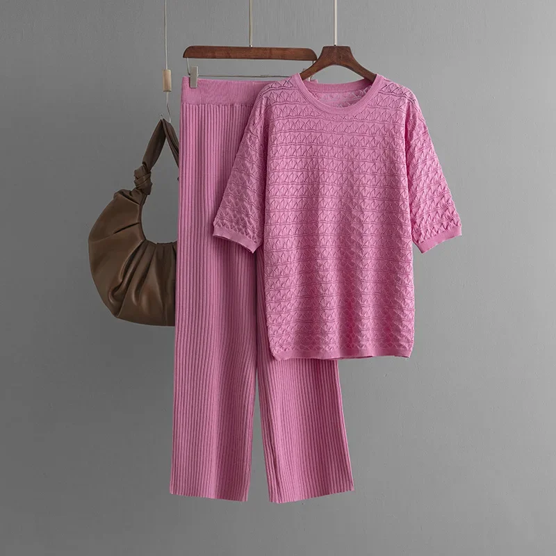 Casual Loose Knitted 2-piece T-shirt Set Summer Women's Set Solid Hollow Casual O-Neck Short Sleeve Wide Leg Long Pants Suit