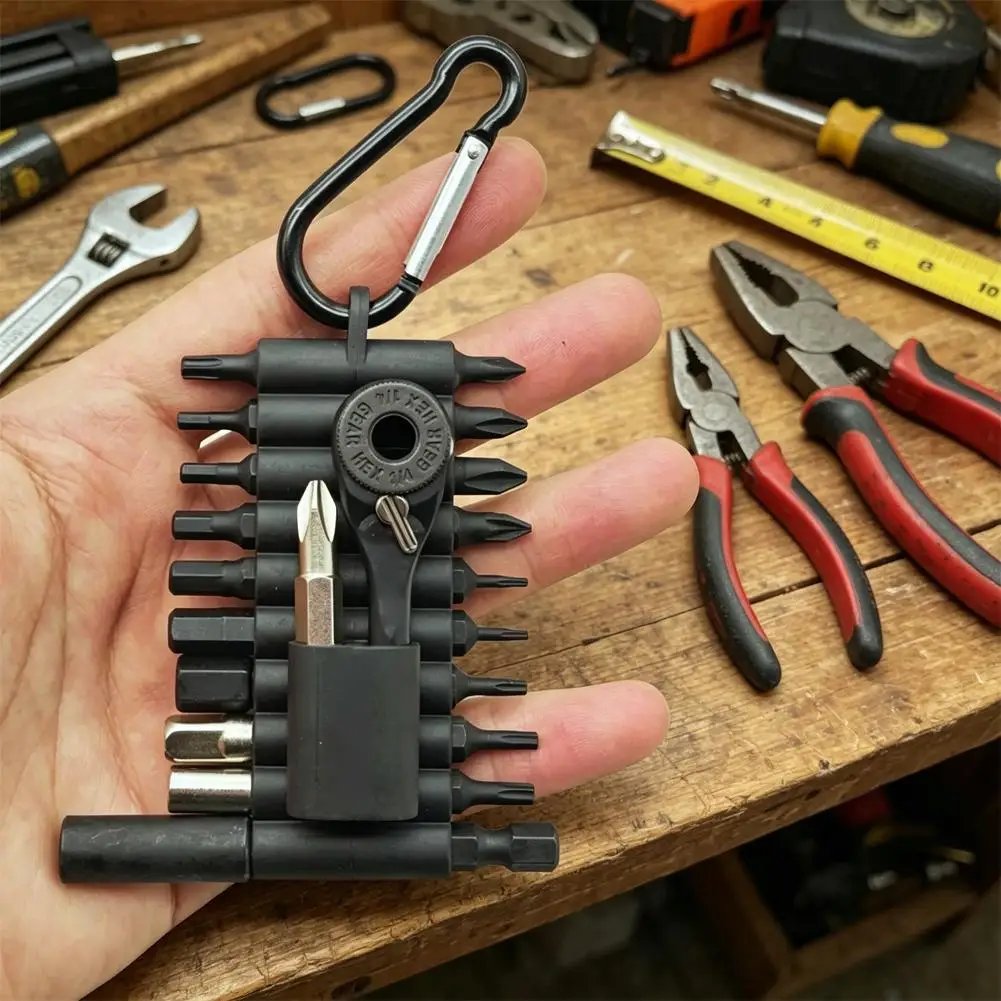 21-teiliger 60-Zahn-EDC-Ratschenschlüsselsatz, 1/4-Zoll-Magnethalter & Bits, Präzisions-4-mm-Adapter, tragbar mit Karabiner